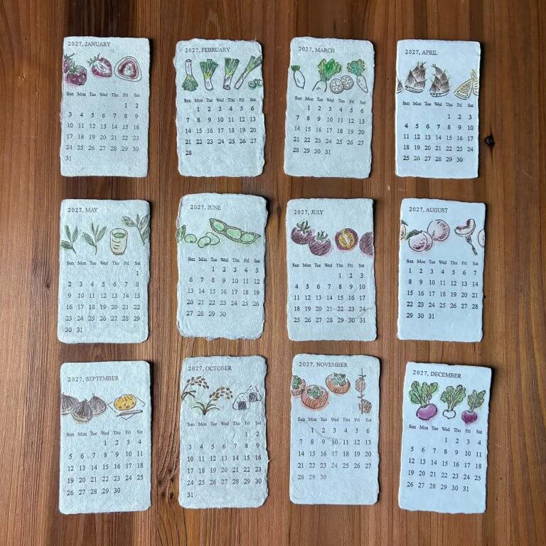 木製スタンド付 活版印刷 美濃和紙カレンダー2027 letterpress and color【数量限定】