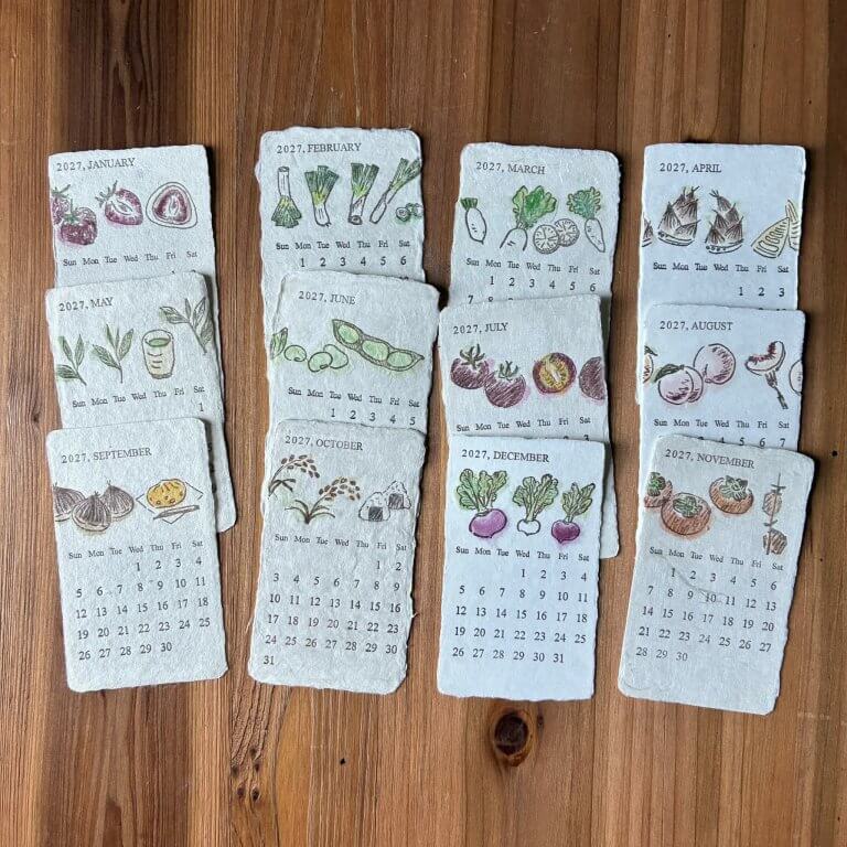 木製スタンド付 活版印刷 美濃和紙カレンダー2027 letterpress and color【数量限定】